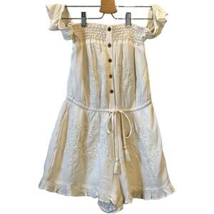 American Eagle Off Shoulder Eyelet Smocked Ruffled Shorts Romper Size XS Cream